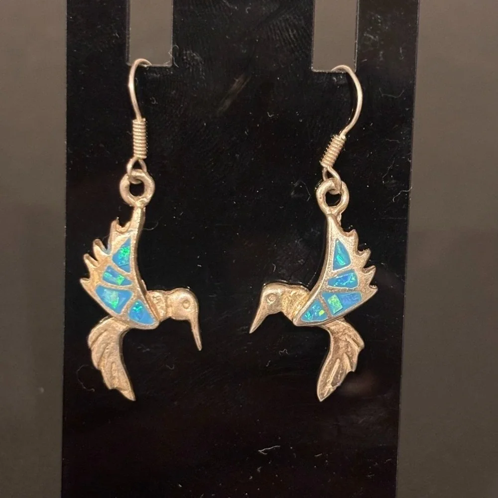Vintage Mexico 950 Silver Signed Opal In-lay Hummingbird Dangle Drop Earrings